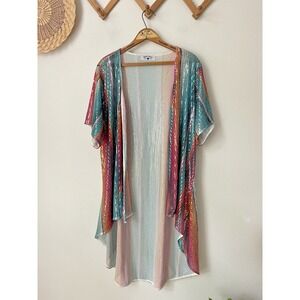 Crazy Train sequin striped kimono duster top stretch long length boutique OS